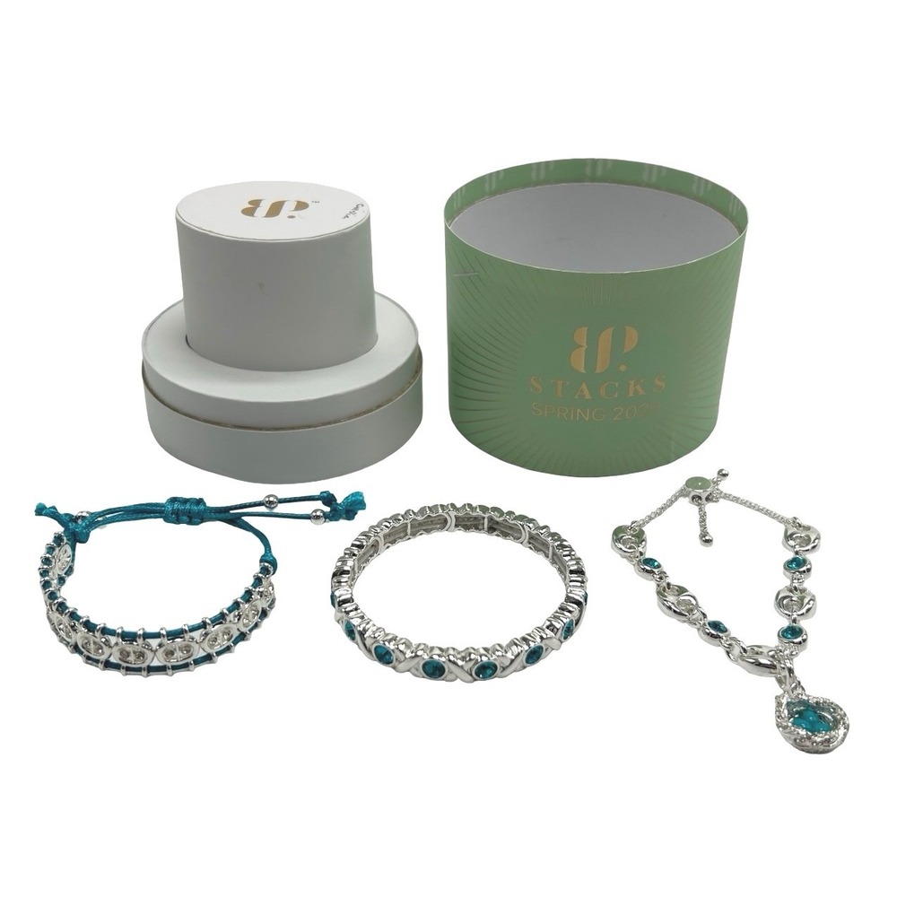 Bomb Party Our Little Nest Of Love Silver Plated Teal Stone 3pc Bracelet Stack